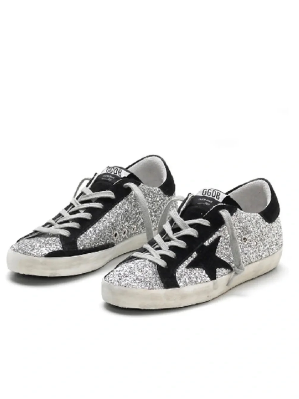 Golden Goose Silver Glitter Sneaker with Black Star and Trim - Picture 2 of 3